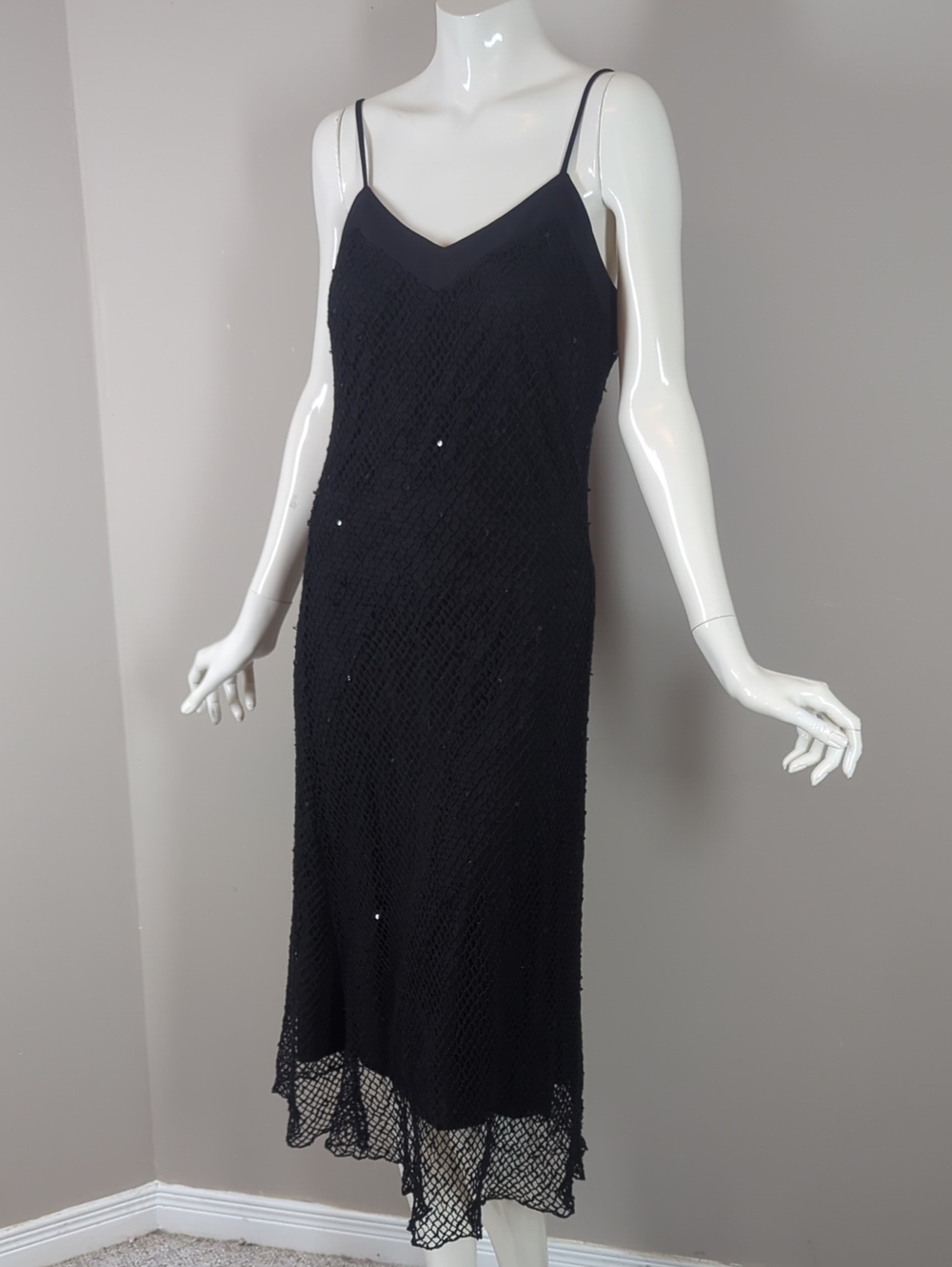 Vintage 90s Black Beaded Slip Dress - Elegant V-Neck Midi Fishnet Sequin L
